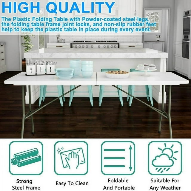 GAZILY 6ft Folding Table, Portable Plastic Tables for Party, Picnic, Camping,White