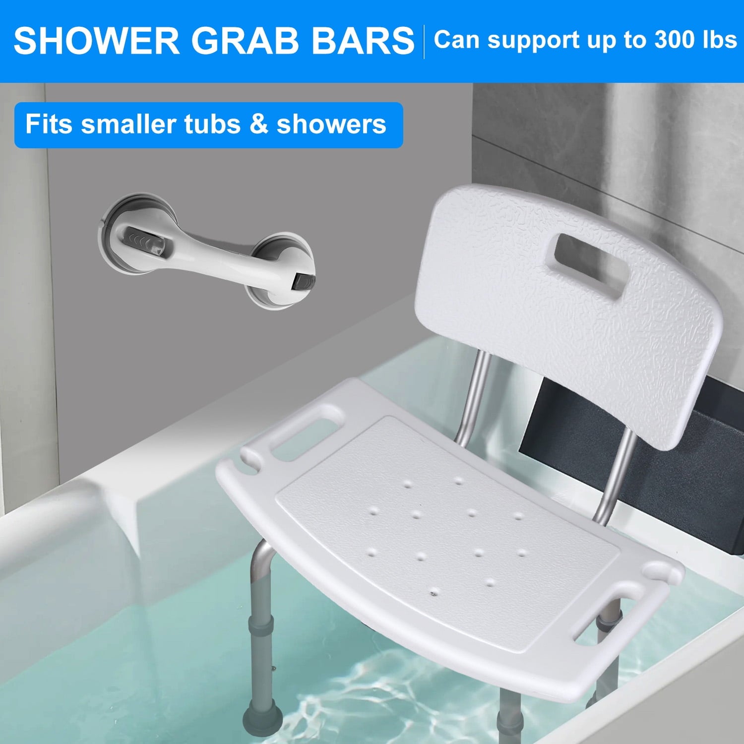 Bath Shower Chair Shower Stool with Shower Grab Bar, Height Adjustable Bath Bench, Support 350 lbs for Seniors, Elderly, Disabled, White