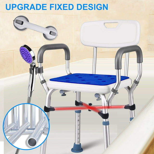 GAZILY Shower Chair Bath Seat with Back & Padded Armrests and Shower Grab Bar, Height Adjustable, Supports up to 500 lbs., White