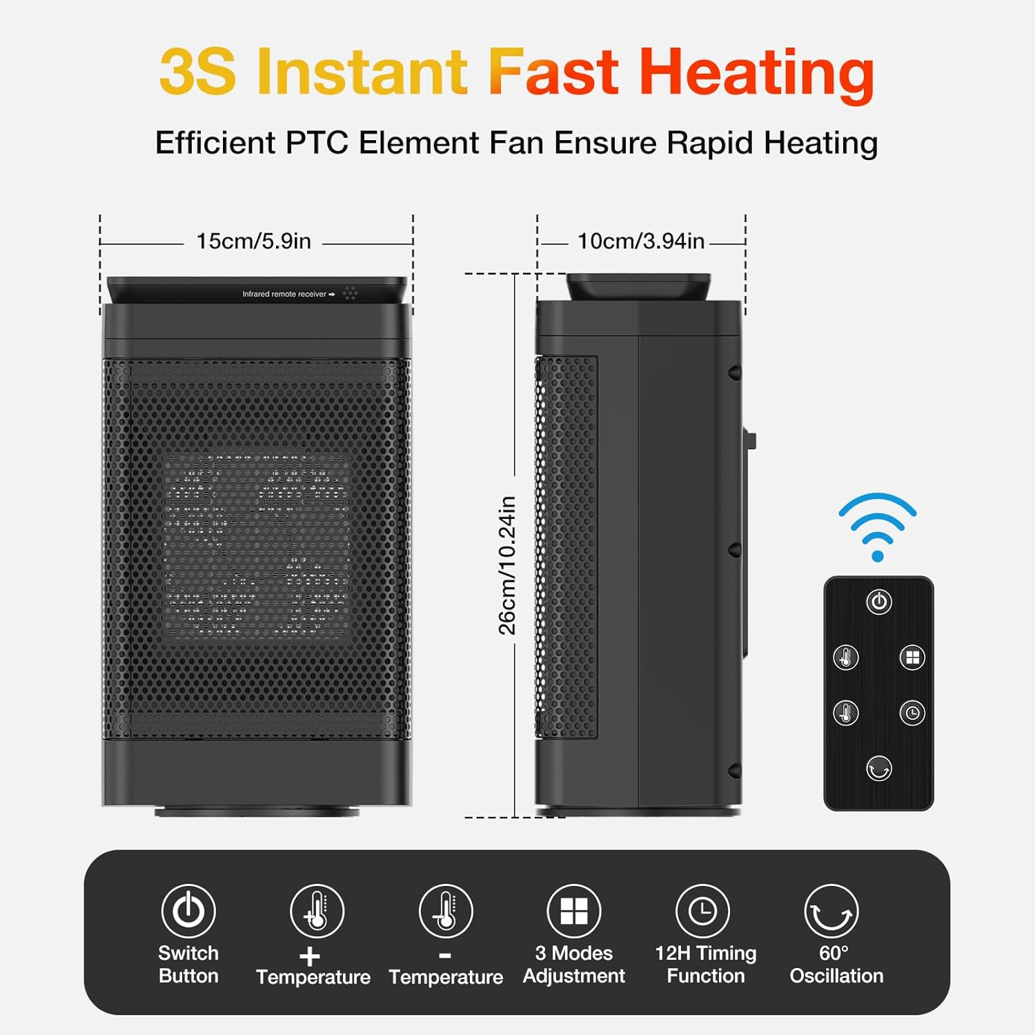 Electric Heater with Adjustable Thermostat, Overheat & Tip-Over Protection, Space Heater with 70° Oscillation, Portable Heater, Fan Heaters for Home