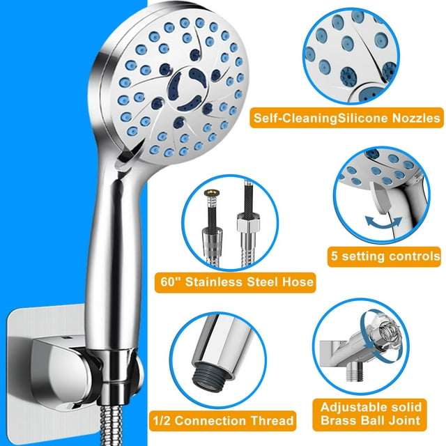 GAZILY Shower Head, High Pressure 7 Functions Shower Head with Handheld, Adjustable Stainless Steel Polished Chrome Rain Shower Head with Durable Nozzles