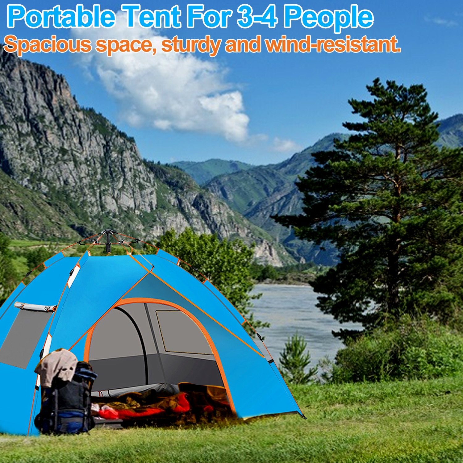 3/4-Person Pop Up Camping Tent with 2 Doors & 2 Windows for Camping/Traveling/Family Gathering/Hiking/Beach