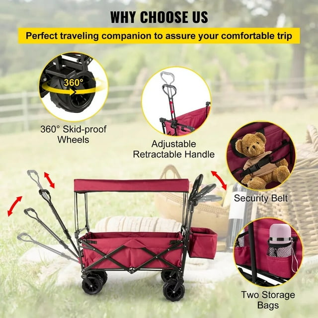 GAZILY Collapsible Wagon Cart Red, Foldable Wagon Cart Removable Canopy Oxford Cloth, Collapsible Wagon Oversized Wheel