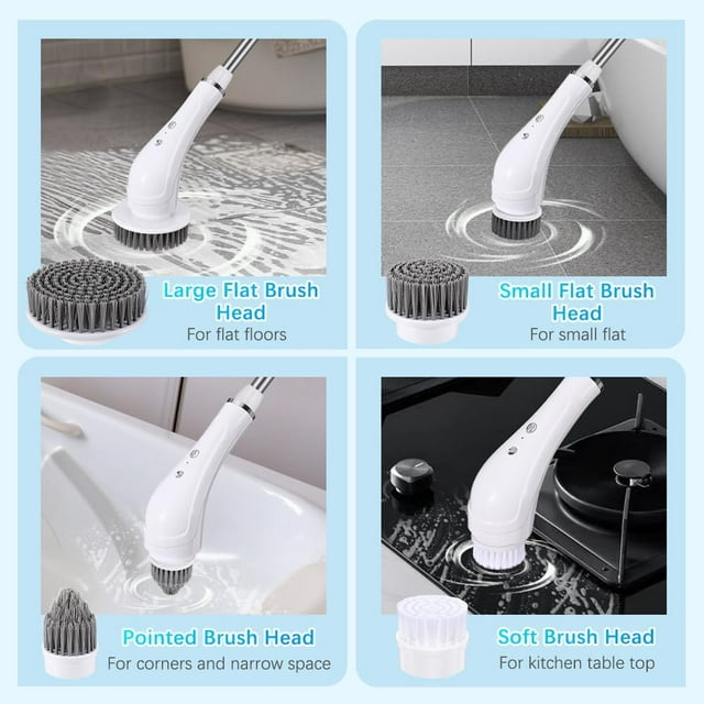 GAZILY Electric Spin Scrubber, Cordless Power Cleaning Brush with 7 Replaceable Brush Head, 90min Work Time, 2 Adjustable Handle, 3 Speeds Power Scrubbers