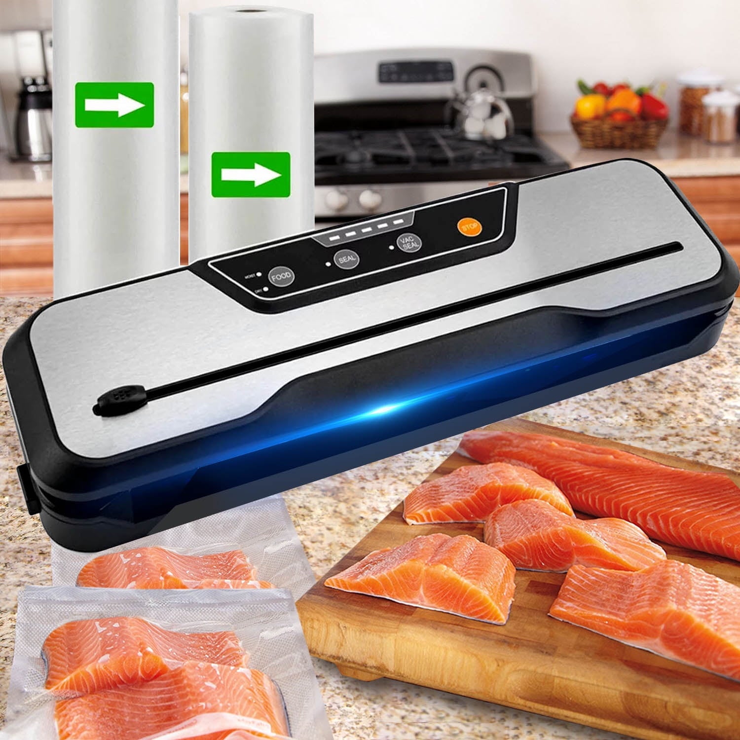 Vacuum Sealer Machine with 2 Rolls Food Vacuum Sealer Bags, Food Storage Saver Dry & Moist Food Modes, Led Indicator Lights