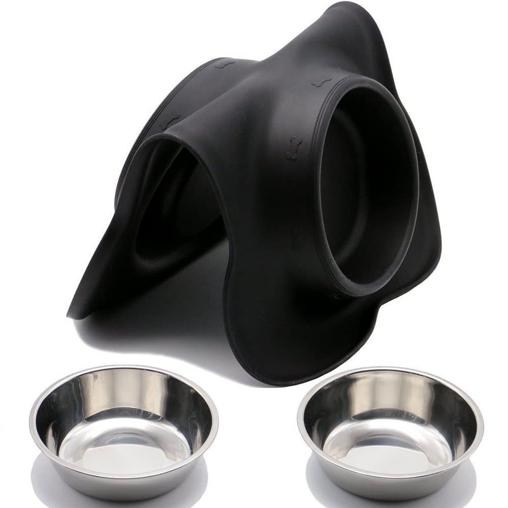 Dog Bowls, Double Dog and Cat Bowls with Anti-Overflow and Anti-Skid Food Mat