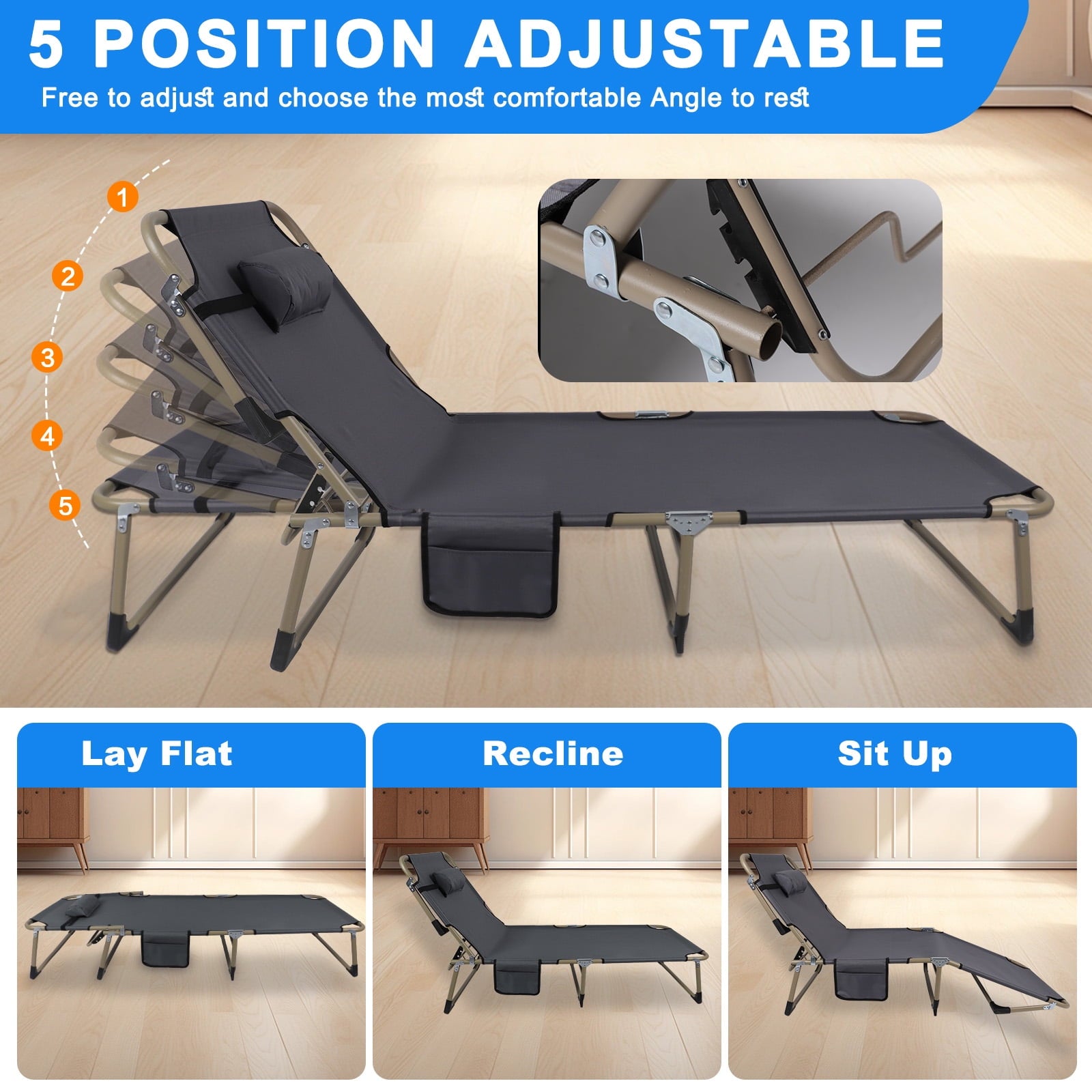 Folding Camping Cot Bed with Pillow, Adjustable 5-Position Folding Chaise Lounge Chair, Portable Guest Bed & Outdoor Folding Sleeping Cots Bed for Home, Office, Camping, Indoor, Outdoor