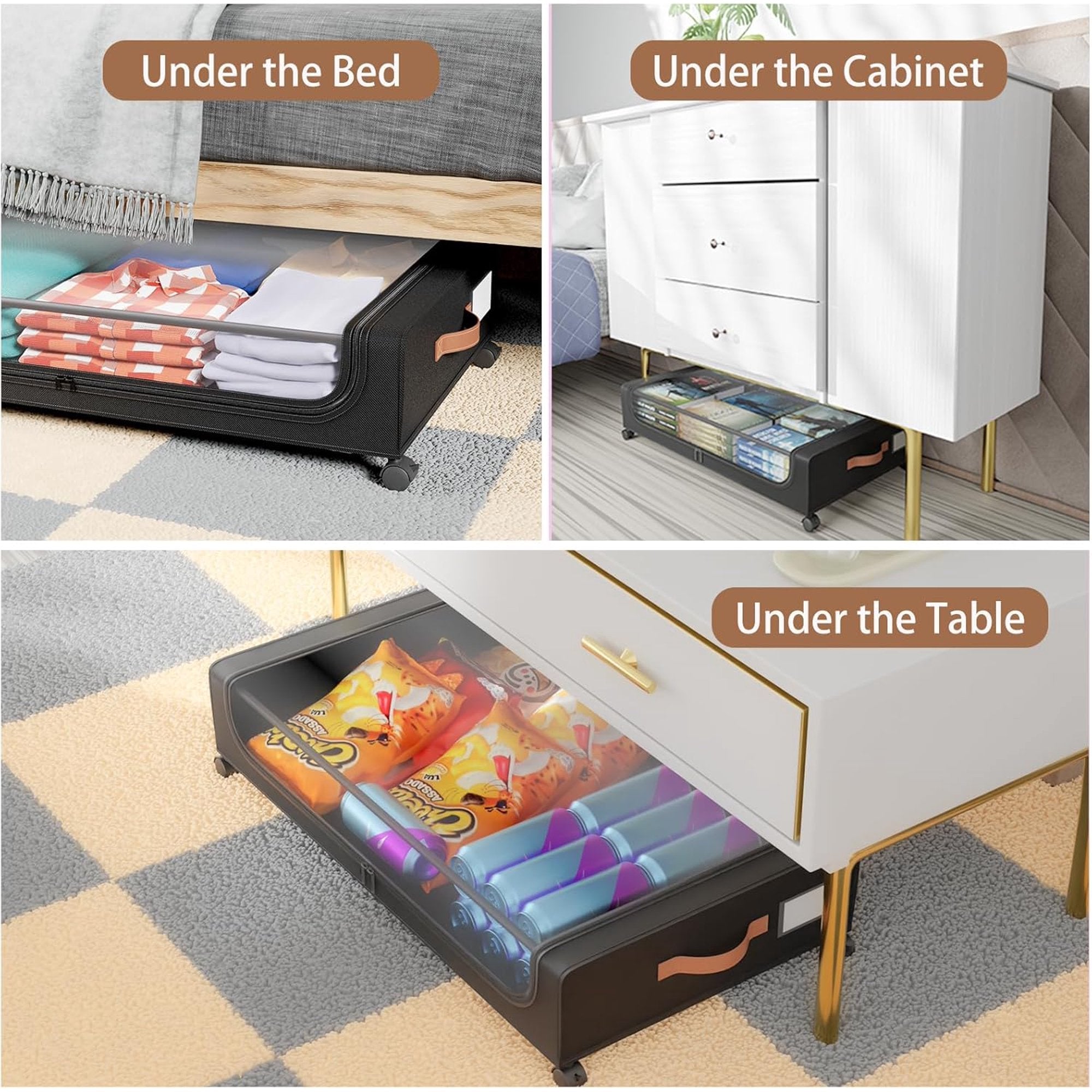 Under Bed Storage with Wheels, 2 Pack Under Bed Storage Containers with Dividers & Clear Lids, Under the bed storage Organizer Bins, Underbed Storage with Wheels for Clothes