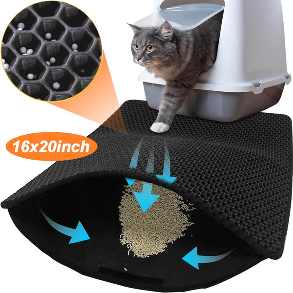 16x20 inch Cat Litter Mat,Honeycomb Double Layer Urine Waterproof,for Litter Box,black