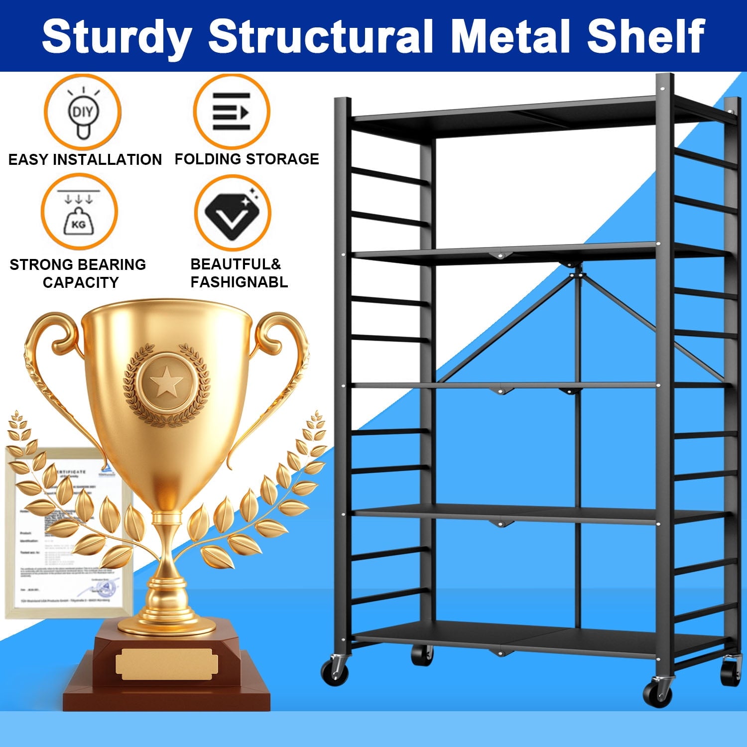 GAZILY Foldable 5-Tiers Metal 15.35"W x 15.35"D x 62.20"H Storage Shelf Unit, Holds up to 397 lb Maximum Load Weight, Black