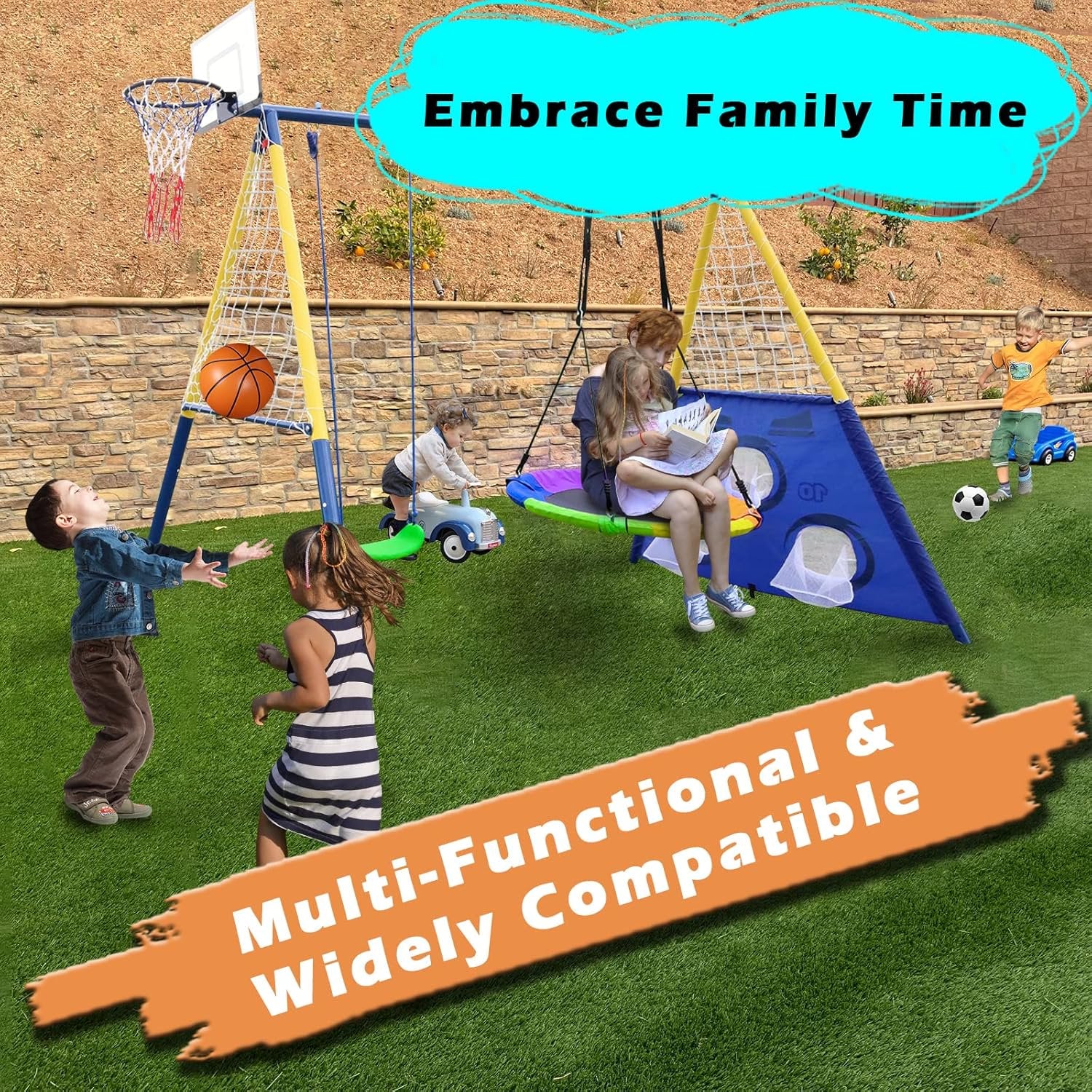 Swing Sets for Outside, A-Frame Swing Set with Basketball Hoop & Soccer Goal