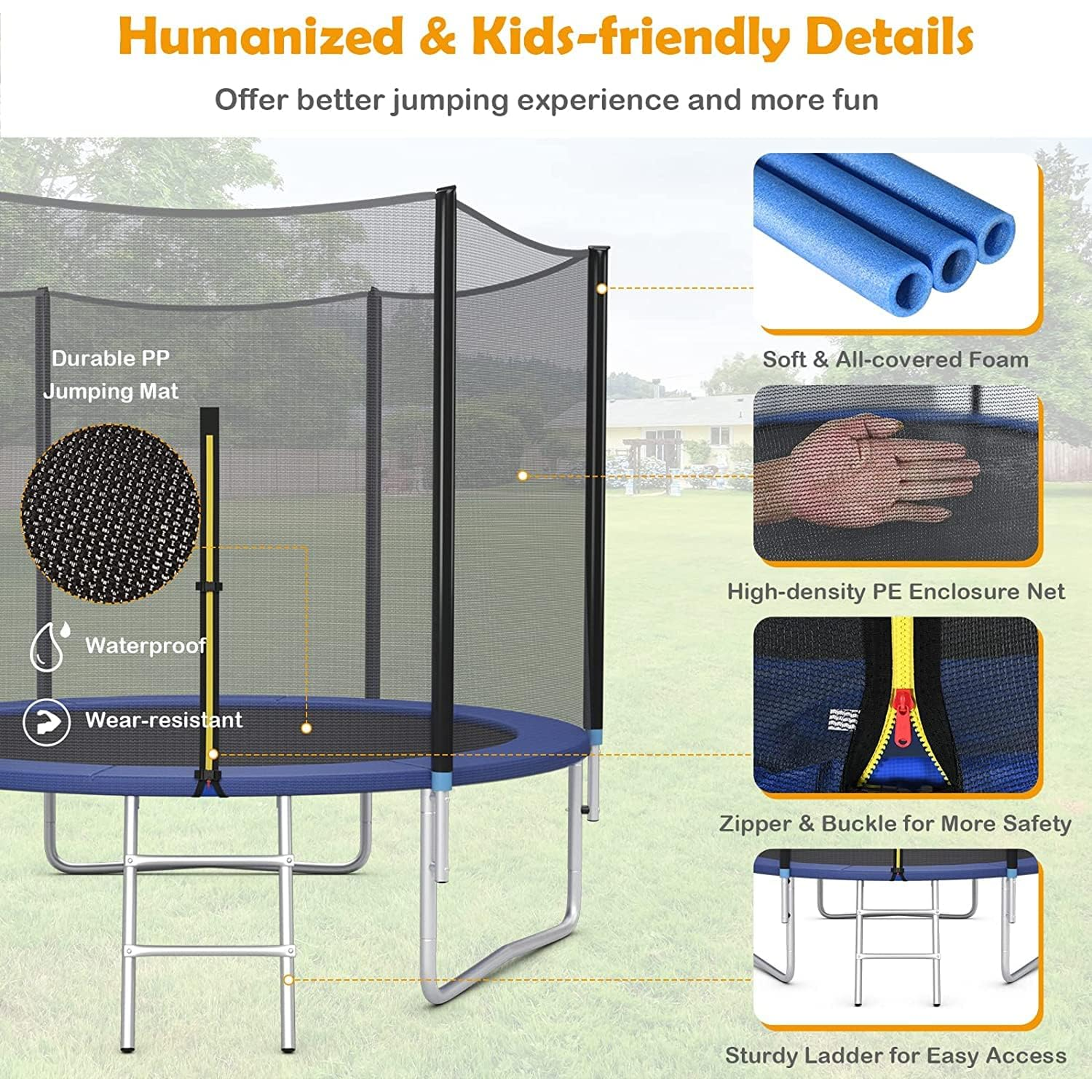 Kids Trampoline, Outdoor Toddler Trampolines with Safety Enclosure Net