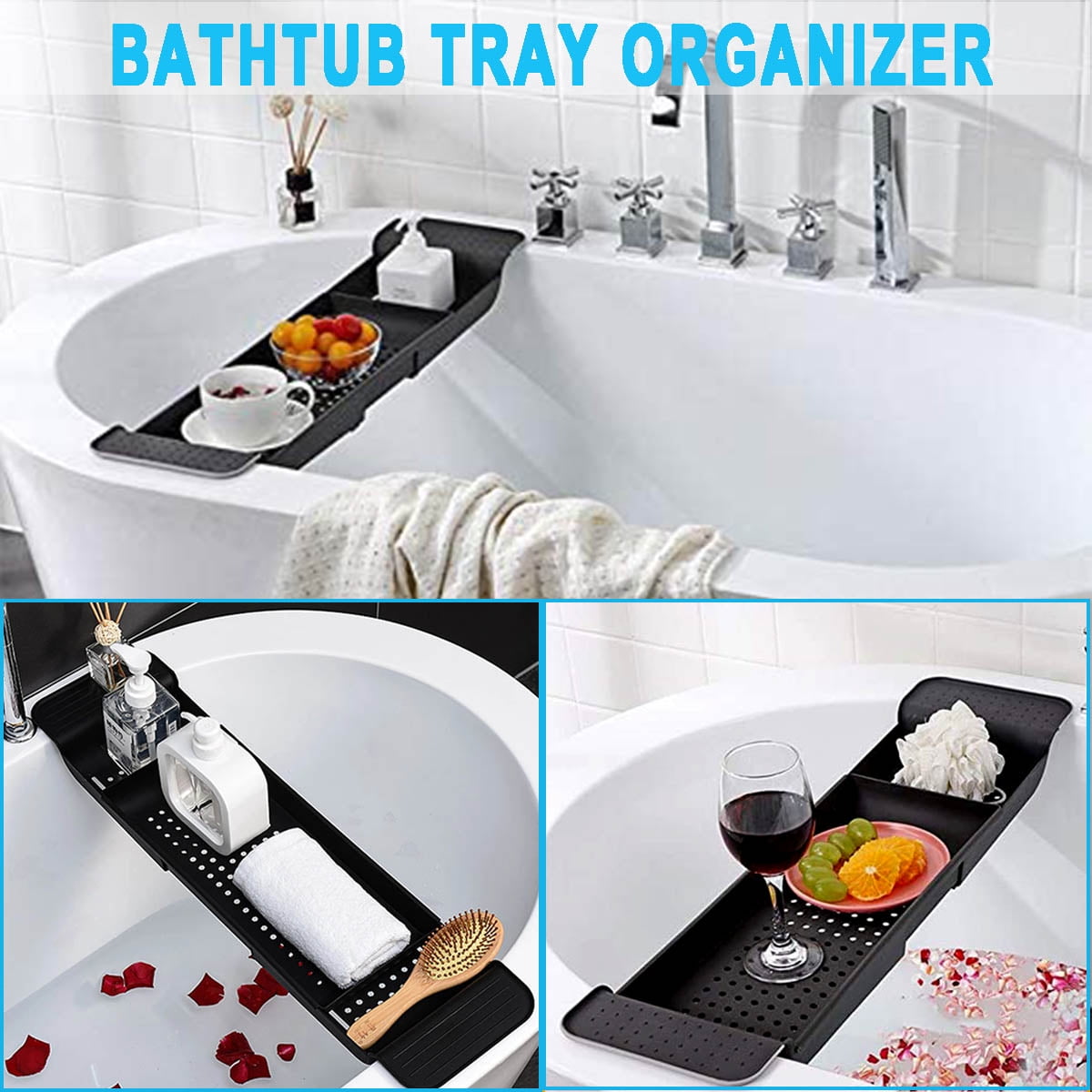 HKEEY Bathtub Tray Caddy Luxury Shower Organizer Trays with Book and Wine Holder Extending Sides Bathroom Decor