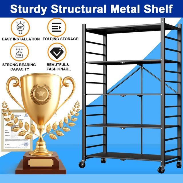 4 Tier Storage Shelves with Wheels,Collapsible Kitchen Rolling Cart, Metal Garage Shelving, Foldable Shelf ,Storage Rack , Foldable Shelf Unit