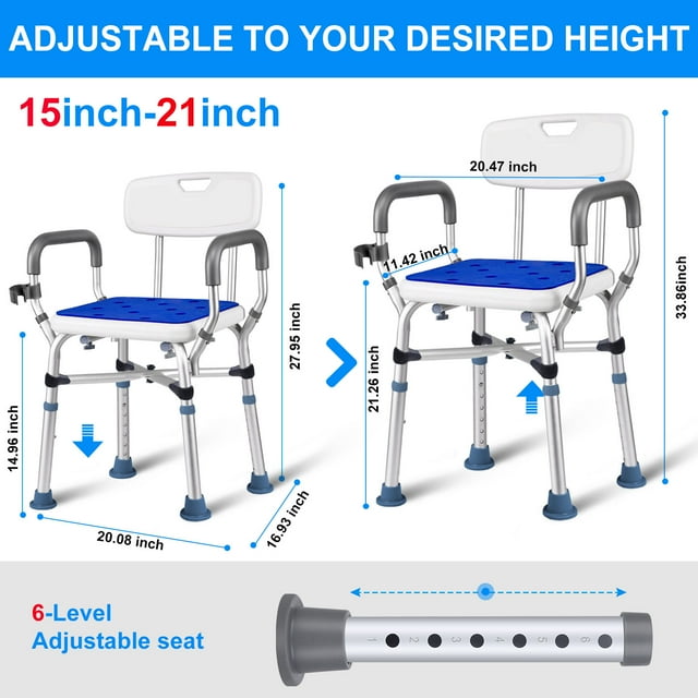 GAZILY Shower Chair Bath Seat with Back & Padded Armrests and Shower Grab Bar, Height Adjustable, Supports up to 500 lbs., White