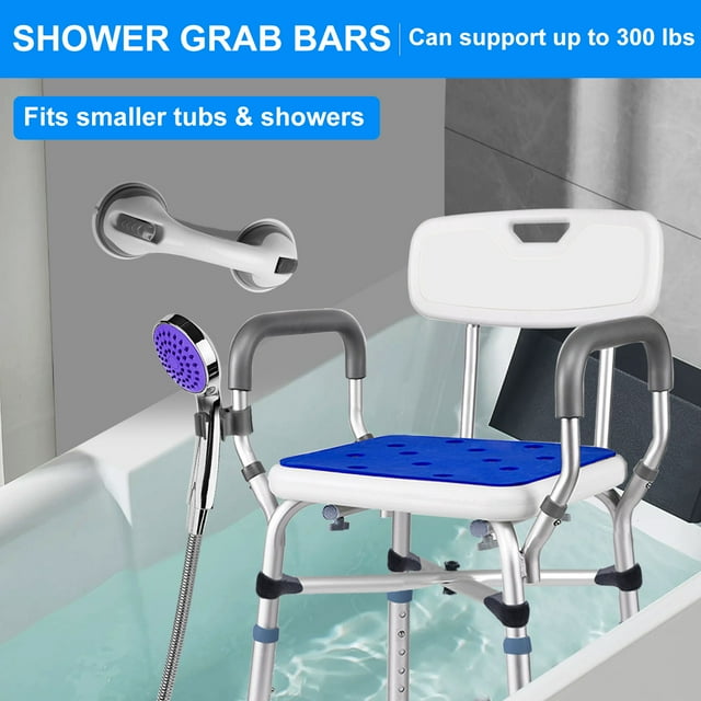 GAZILY Shower Chair Bath Seat with Back & Padded Armrests and Shower Grab Bar, Height Adjustable, Supports up to 500 lbs., White