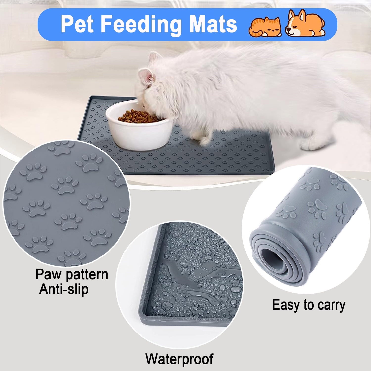 Pet Placemat, 18.9" X 11.8" Pet Feeding Mat Tray,Dog & Cat Feeding Mats for Prevent Food and Water Overflow,with Raised Edges Silicone Mat,Grey