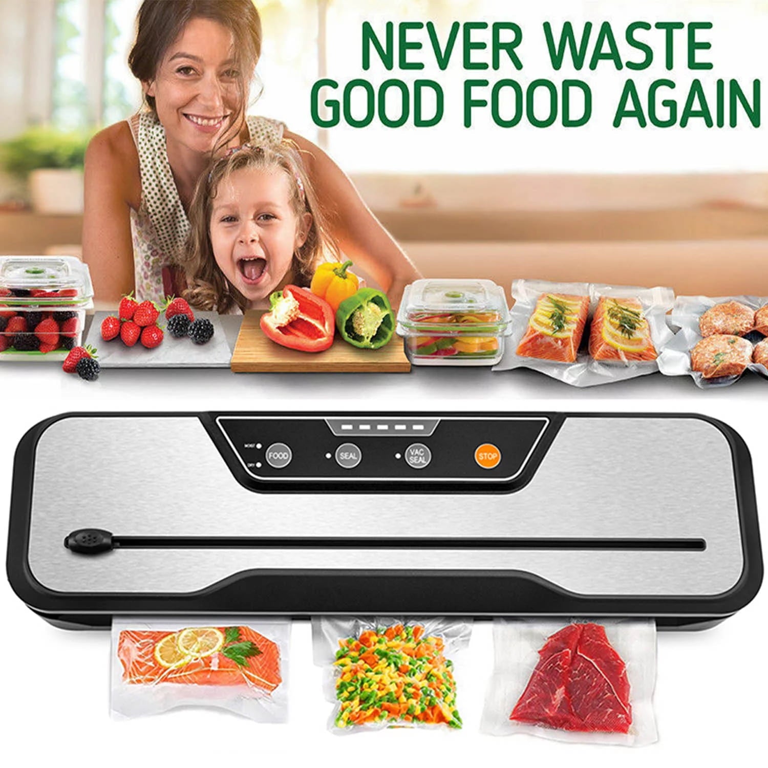 Vacuum Sealer Machine with 2 Rolls Food Vacuum Sealer Bags, Food Storage Saver Dry & Moist Food Modes, Led Indicator Lights