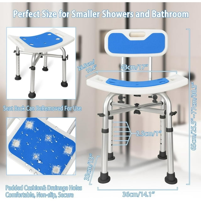 Height Adjustable Shower Chair with Back, Anti-Slip Bath Bench with Handles, Heavy Duty Shower Stool Seat with Unique Crossbar Supports for Elderly and Disabled