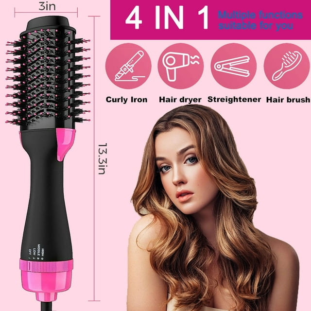 Hair Dryer Brush,One-Step Hot Air Hair Dryer Brush, 4 in 1 Negative Electric Blow Dryer Rotating Curler and Ion Hair Straightener Brush for Fast Drying,Straightening,Curling