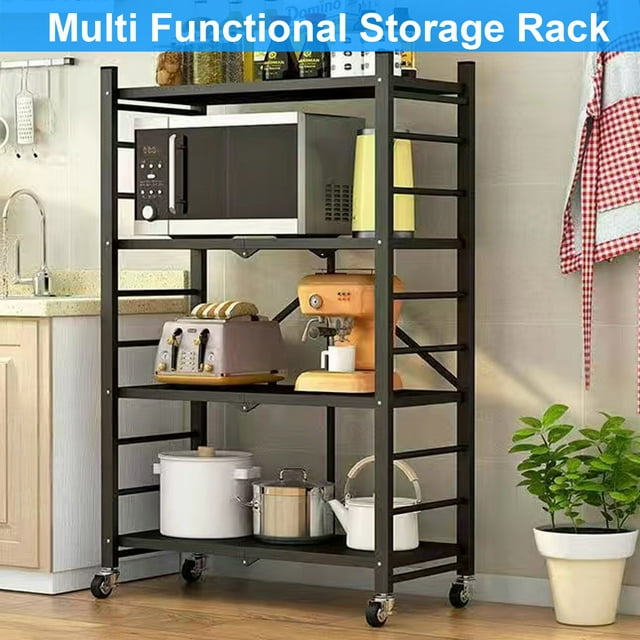 GAZILY 4-Tier Storage Shelf Rack, 250lbs Capacity Heavy Duty Metal Shelf , Foldable Storage Shelving Unit with Wheels, Garage Shelf, Metal Storage Rack, Kitchen Shelf , No Assemble Require