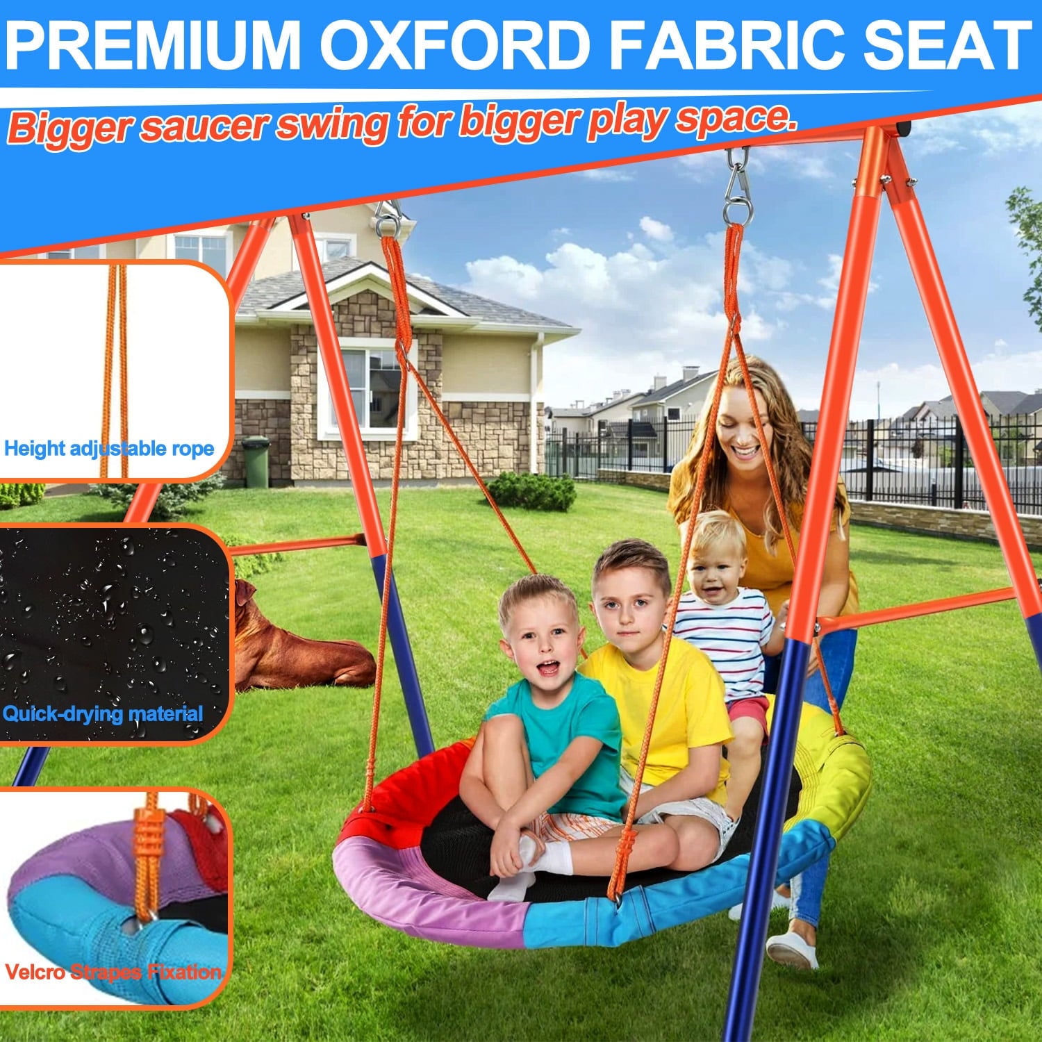 Swing Set for Kids, Heavy Duty Frame Metal Swing Stand with 1 Saucer & 1 Belt Swing Seat for Outdoor