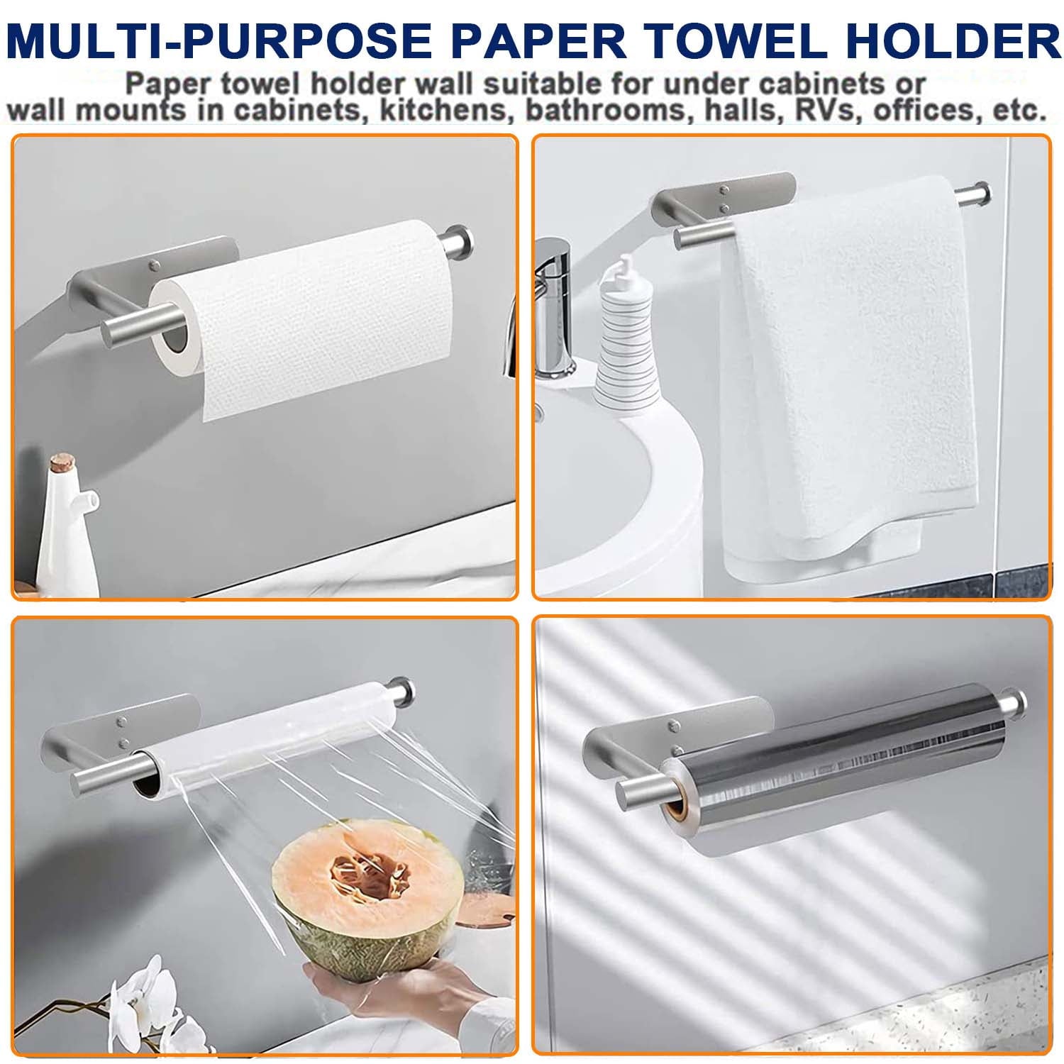 Paper Towel Holder with 2 Pack Adhesive Hooks, Stainless Steel Paper Towel Holder Wall Mount,Under Cabinet Paper Towel Holder-Silver