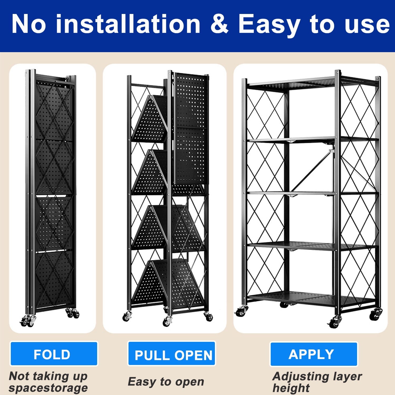 5-Tier Storage Shelving Unit, Foldable Storage Shelves Wire Shelving Unit Adjsutable Shelf Heavy Metal Shelf, 397lbs Capacity Free Standing Racks Organization