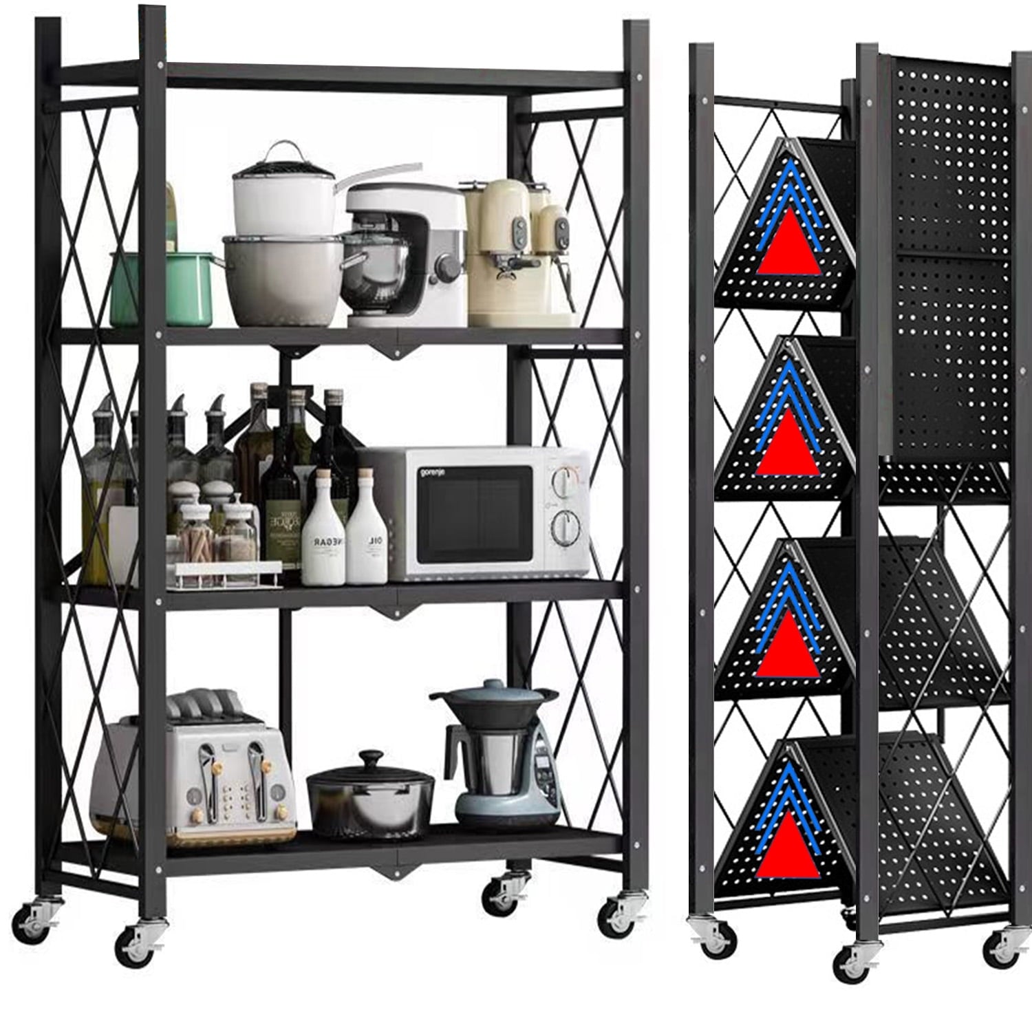 4-Tier Storage Shelving Unit, Foldable Storage Shelves Wire Shelving Unit Adjsutable Shelf Heavy Metal Shelf, 250lbs Capacity Free Standing Racks Organization