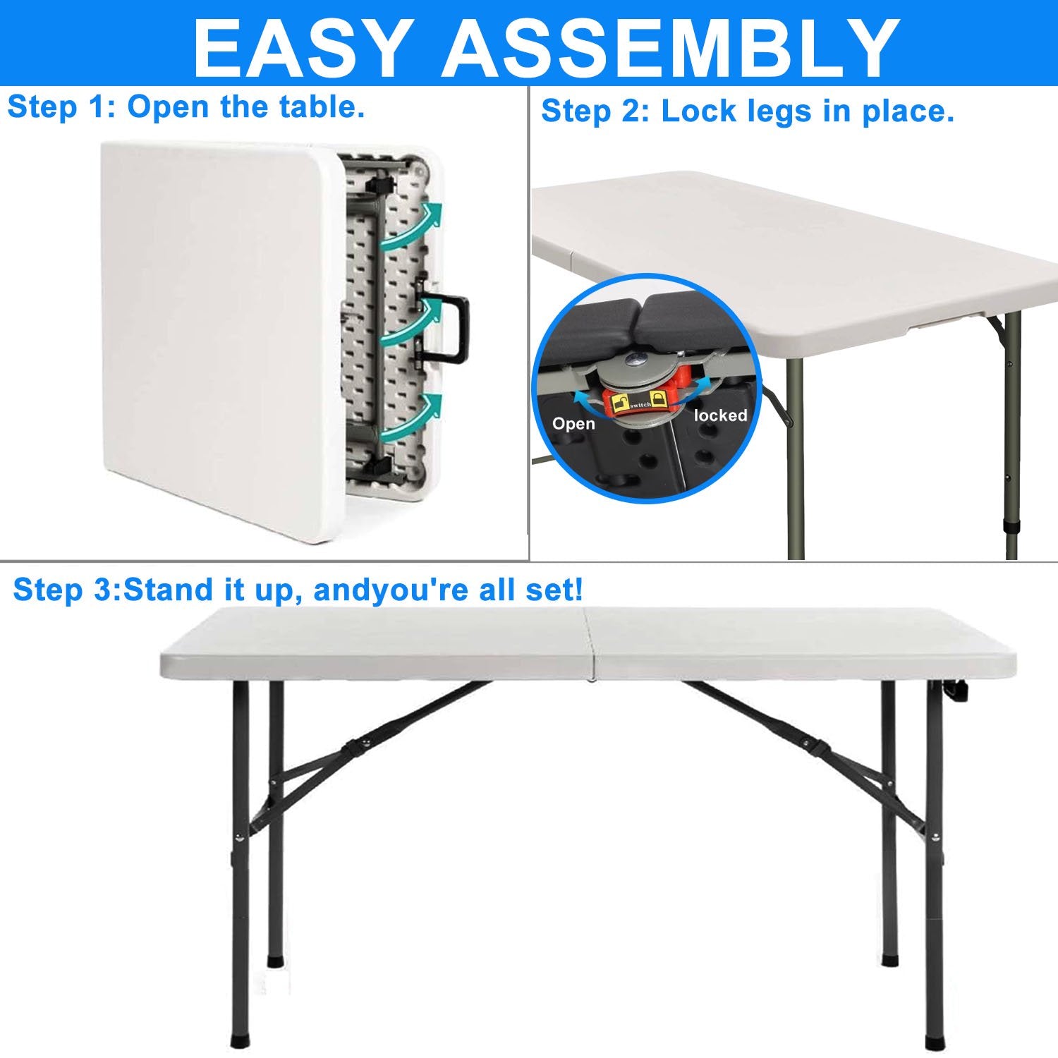 4 Foot Fold-in-Half Adjustable Folding Table, White