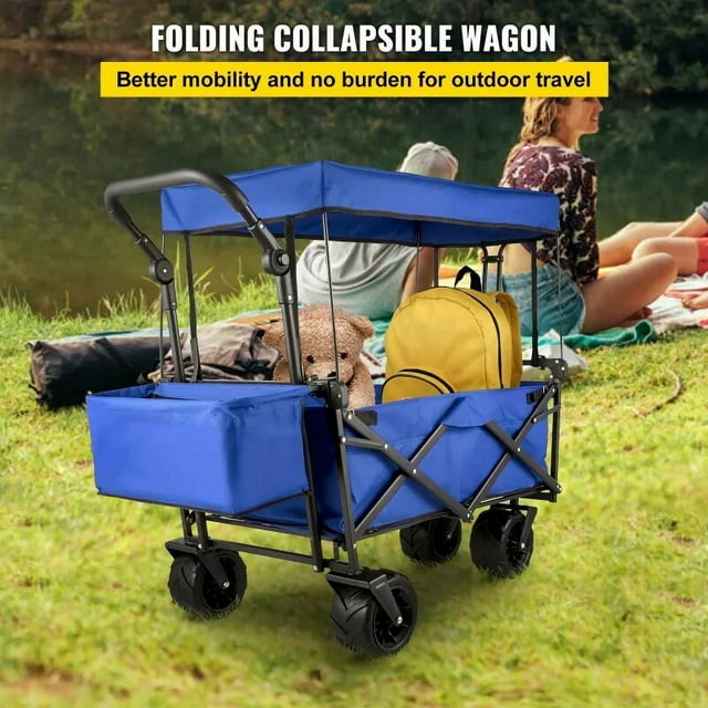 GAZILY Collapsible Wagon Cart Blue, Foldable Wagon Cart Removable Canopy 600D Oxford Cloth, Collapsible Wagon Oversized