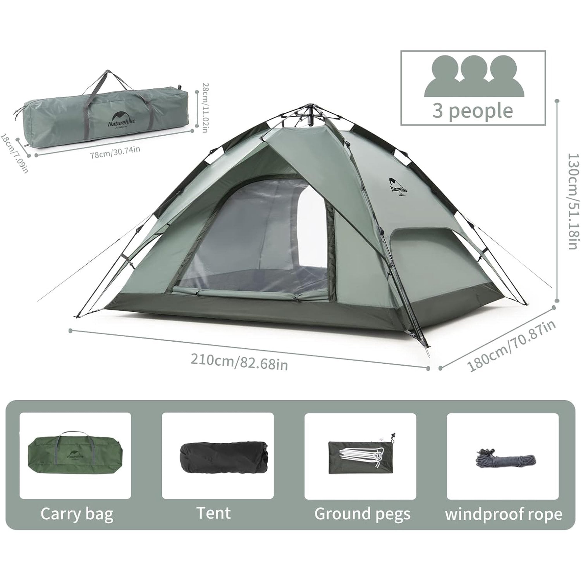 3/4 Person Instant Pop Up Camping Tent, Outdoor Easy Set Up Automatic Family Travel Tent, Waterproof Shelter Tent with 2 Doors & 2 Windows