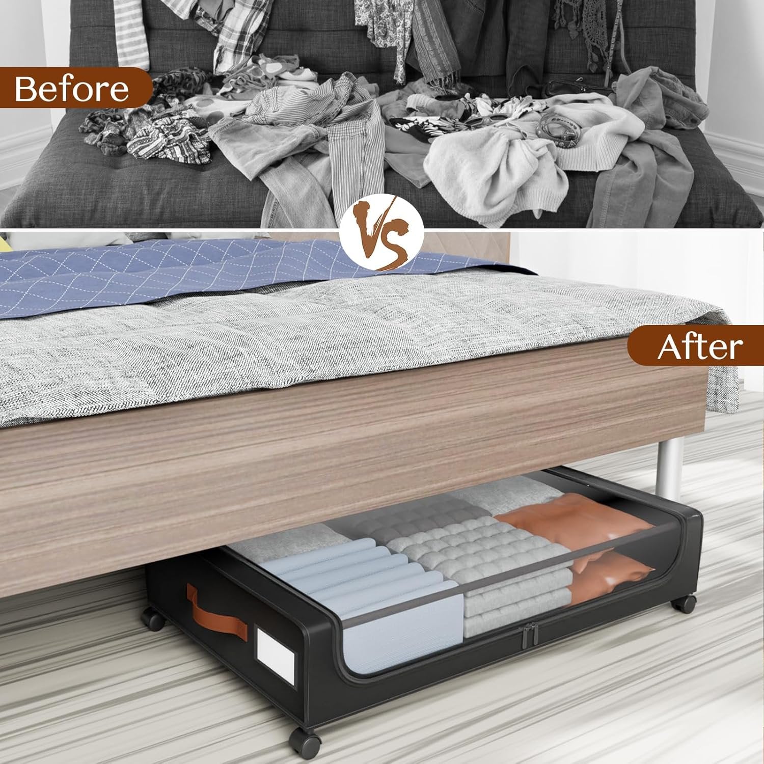 Under Bed Storage with Wheels, 2 Pack Under Bed Storage Containers with Dividers & Clear Lids, Under the bed storage Organizer Bins, Underbed Storage with Wheels for Clothes