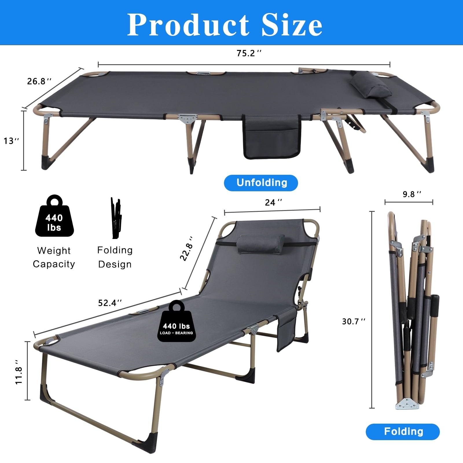 Folding Camping Cot Bed with Pillow, Adjustable 5-Position Folding Chaise Lounge Chair, Portable Guest Bed & Outdoor Folding Sleeping Cots Bed for Home, Office, Camping, Indoor, Outdoor