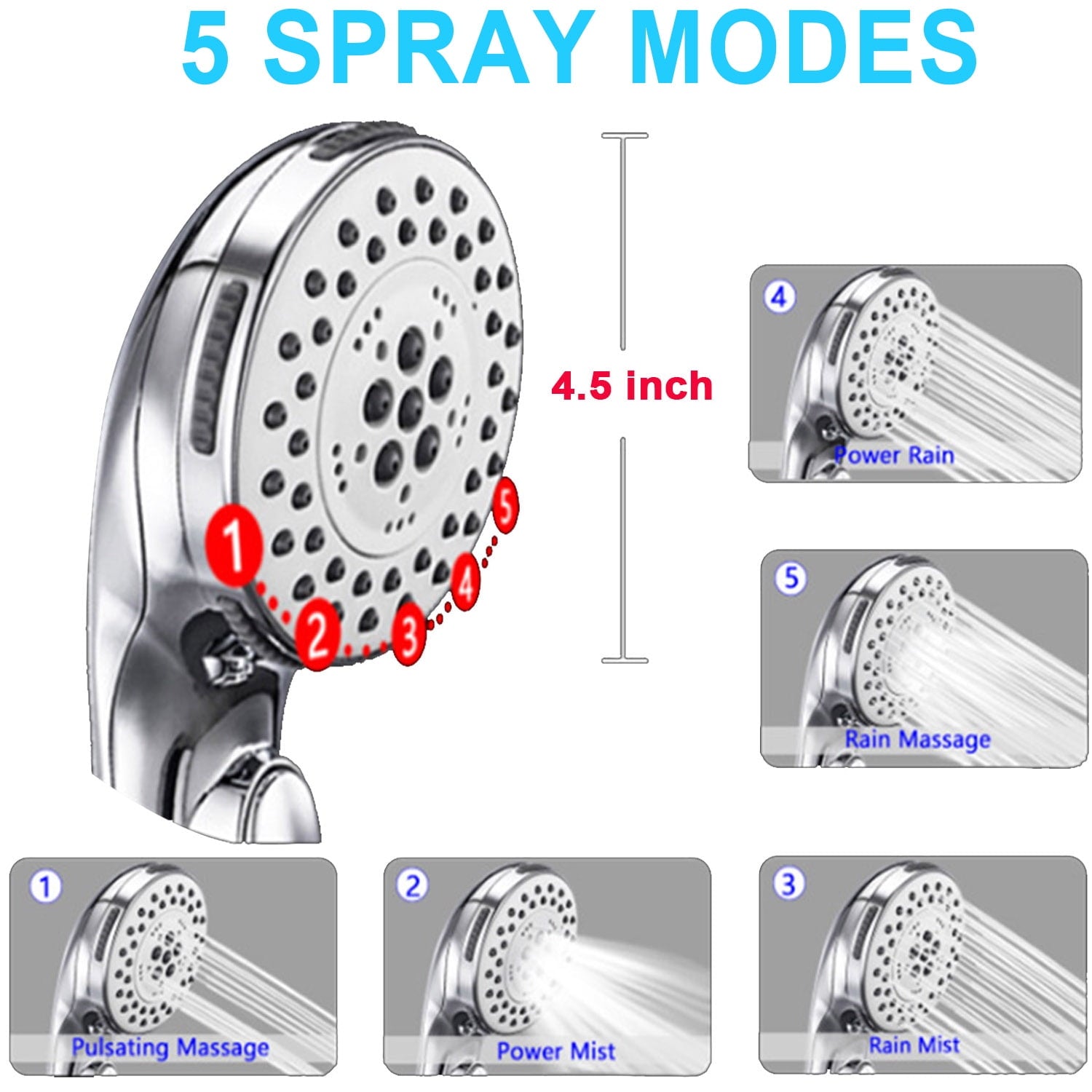 High Pressure Handheld Shower Head with Water Stop Button, Shower Head with Ultra-long Stainless Steel Hose, 5 Spray Settings