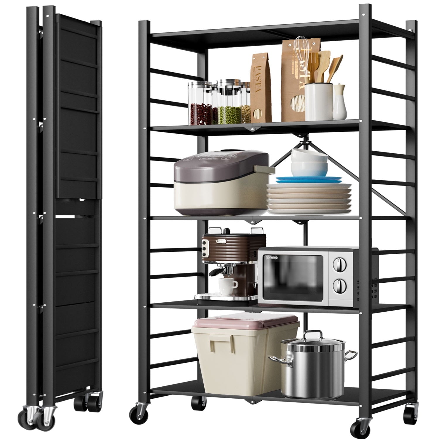 GAZILY Foldable 5-Tiers Metal 15.35"W x 15.35"D x 62.20"H Storage Shelf Unit, Holds up to 397 lb Maximum Load Weight, Black