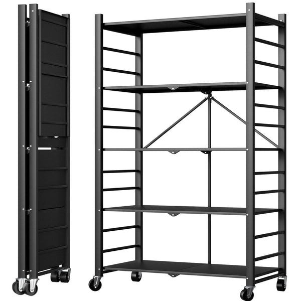 5-Tier Foldable Storage Shelf with Wheels, Heavy Duty Metal Shelf, Kitchen Shelving Units, Black