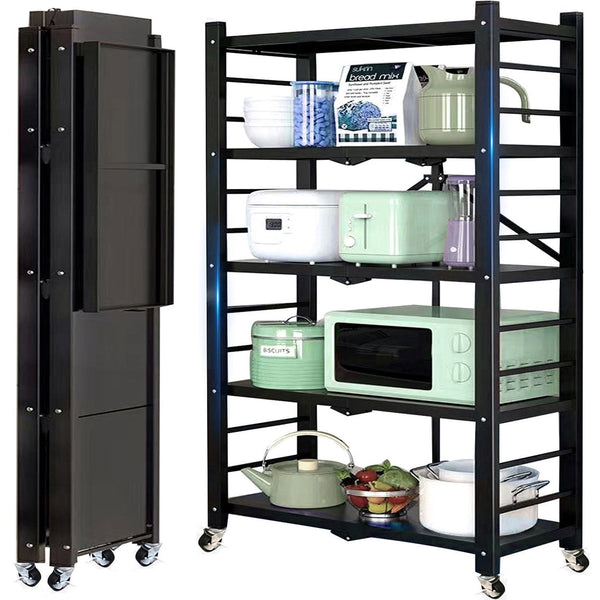 5-Tier Storage Shelving Unit, Metal Shelf, Foldable Storage Shelf with Wheels, Garage Shelf, Kitchen Shelf, 397lbs Capacity, Black