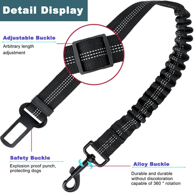 Dog Seat Belts for Car, Seat Belt for Dogs with Elastic Bungee Buffer, 360 Degree Swivel Attach Won't Twist，Dog Car Harnesses with Reflective Strips