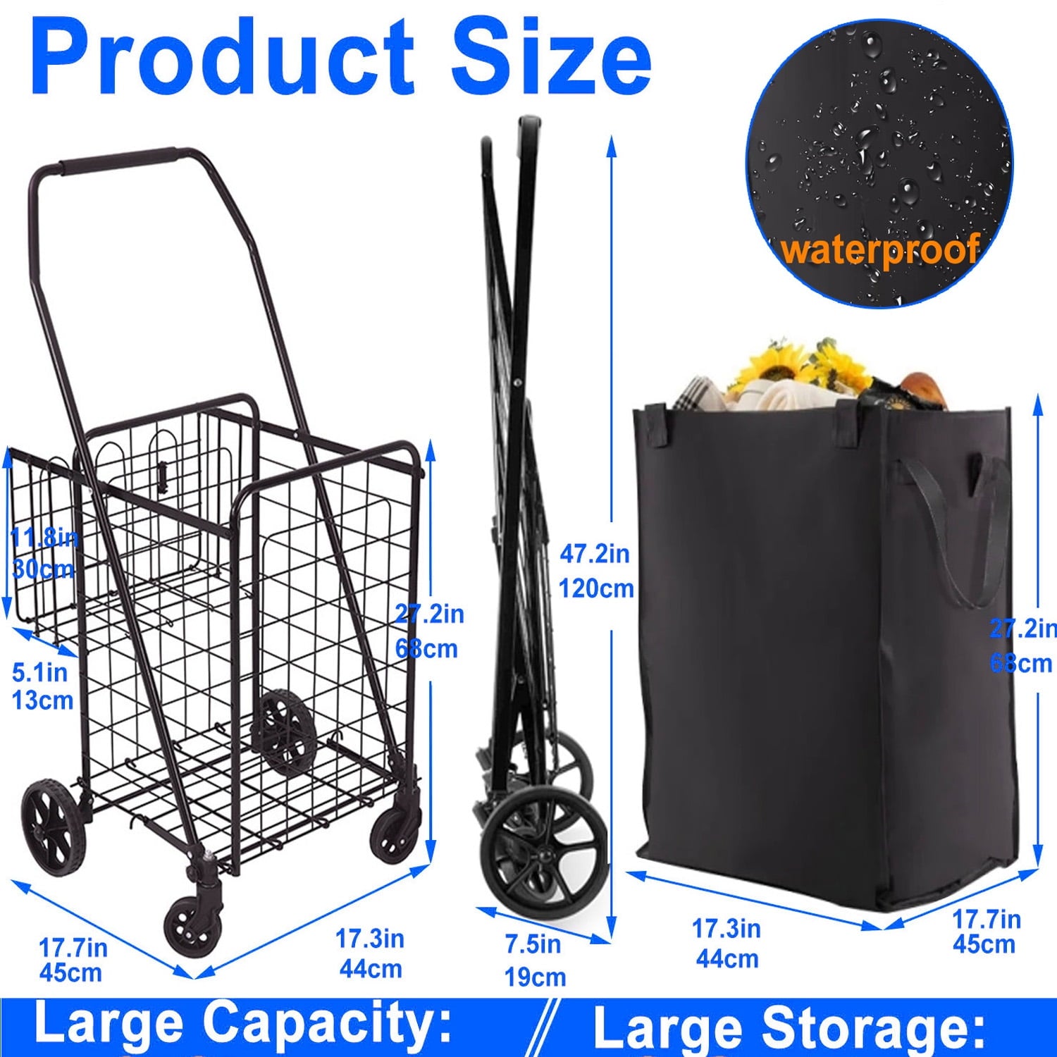 Folding Shopping Cart, Utility Trolley with Removable Basket and Swivel Wheels, Black