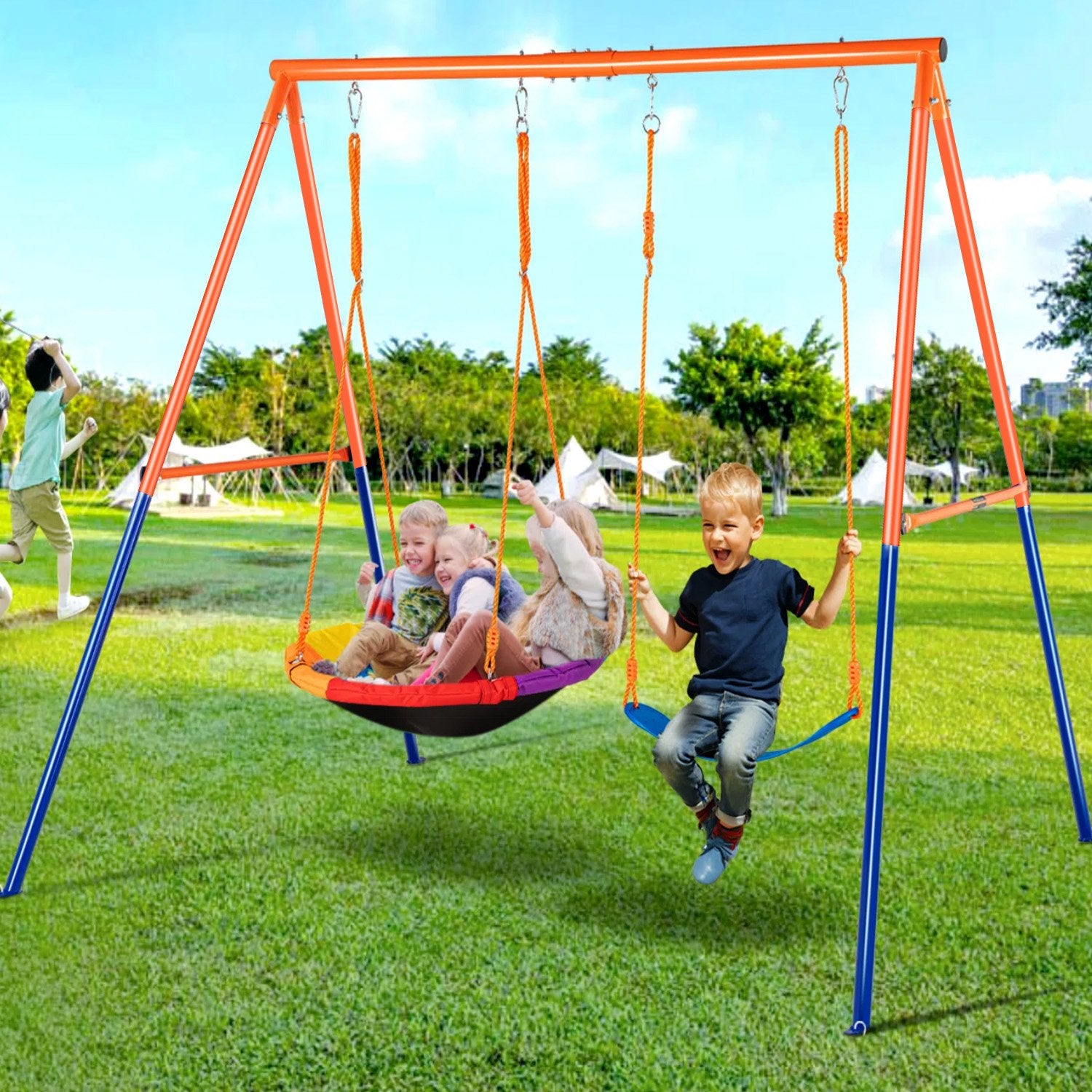 Swing Set for Kids, Heavy Duty Frame Metal Swing Stand with 1 Saucer & 1 Belt Swing Seat for Outdoor