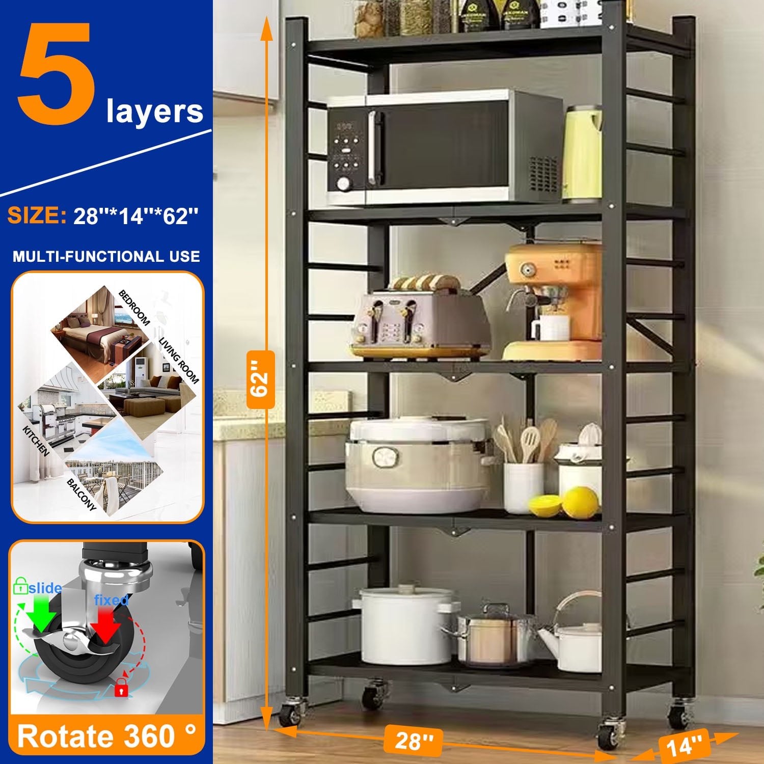 4 Tier Storage Shelves with Wheels,Collapsible Kitchen Rolling Cart, Metal Garage Shelving, Foldable Shelf ,Storage Rack , Foldable Shelf Unit