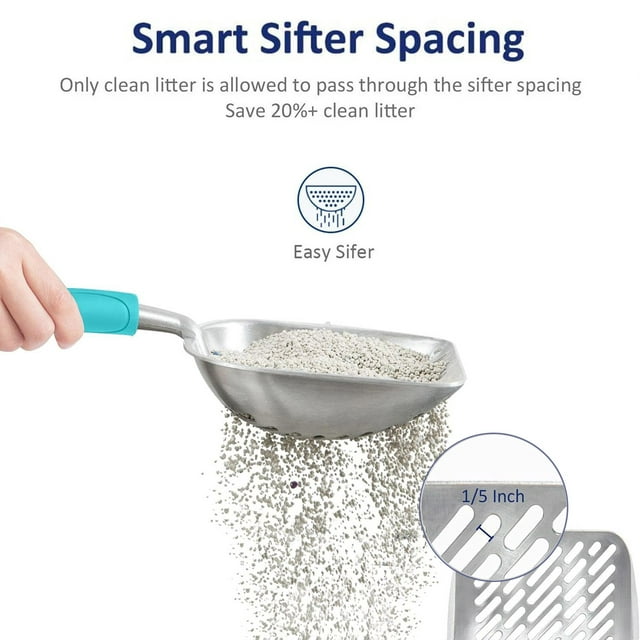 Cat Litter Scoop, Aluminum Alloy Sifter, Deep Shovel Poop Sifting with Long Handle, Pooper Lifter Works with All Type of Cat Litter, Metal Kitty Litter Scooper for Litter Box with Holder(Cyan)