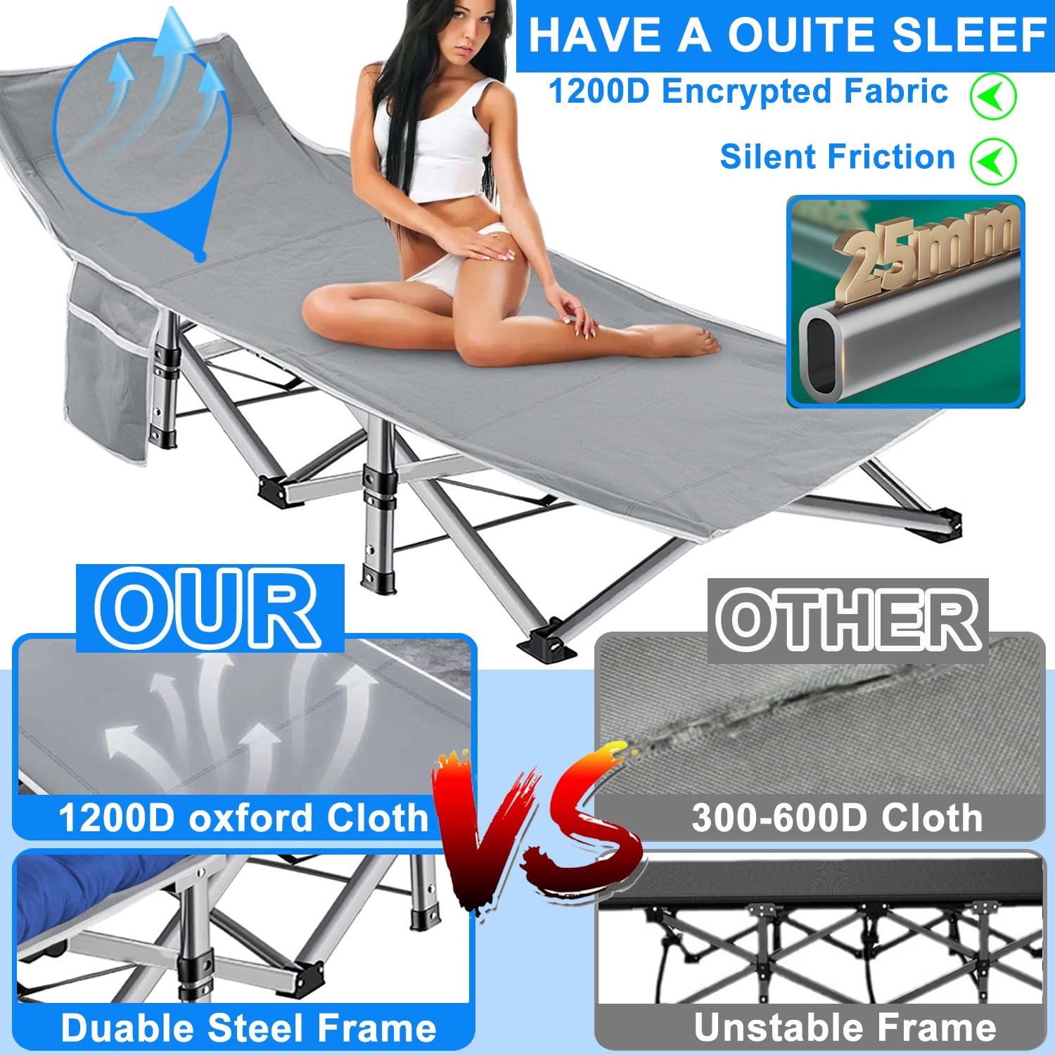 Folding Bed Cot with Pillow, 2 Sided Mattress Heavy Duty Folding Sleeping Cot Guest Bed, Folding Camping Cots for Traveling Camp Office Outdoor and Beach