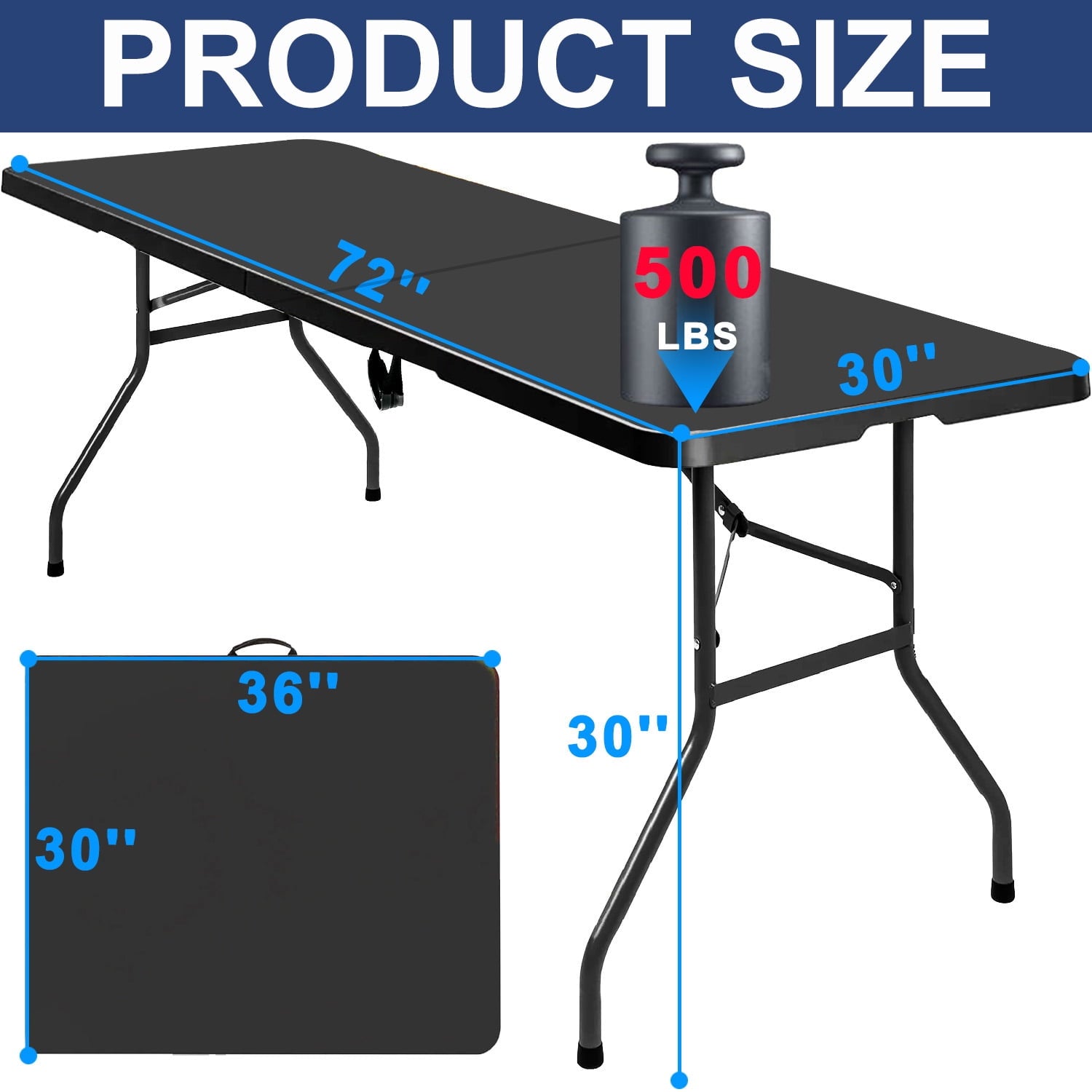 GAZILY 6 Foot Fold-in-Half Adjustable Folding Table, Indoor/Outdoor Essential, Black