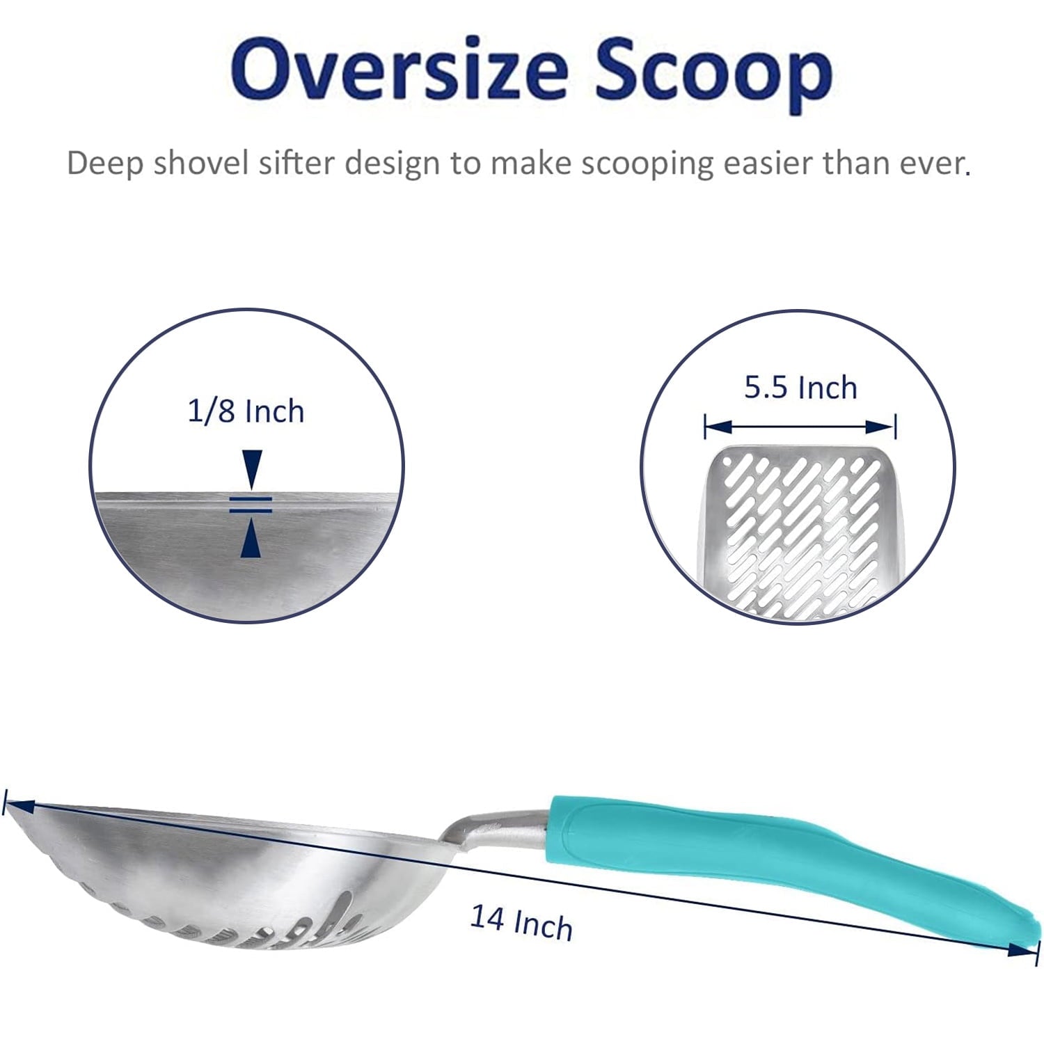 Cat Litter Scoop, Aluminum Alloy Sifter, Deep Shovel Poop Sifting with Long Handle, Pooper Lifter Works with All Type of Cat Litter, Metal Kitty Litter Scooper for Litter Box with Holder(Cyan)