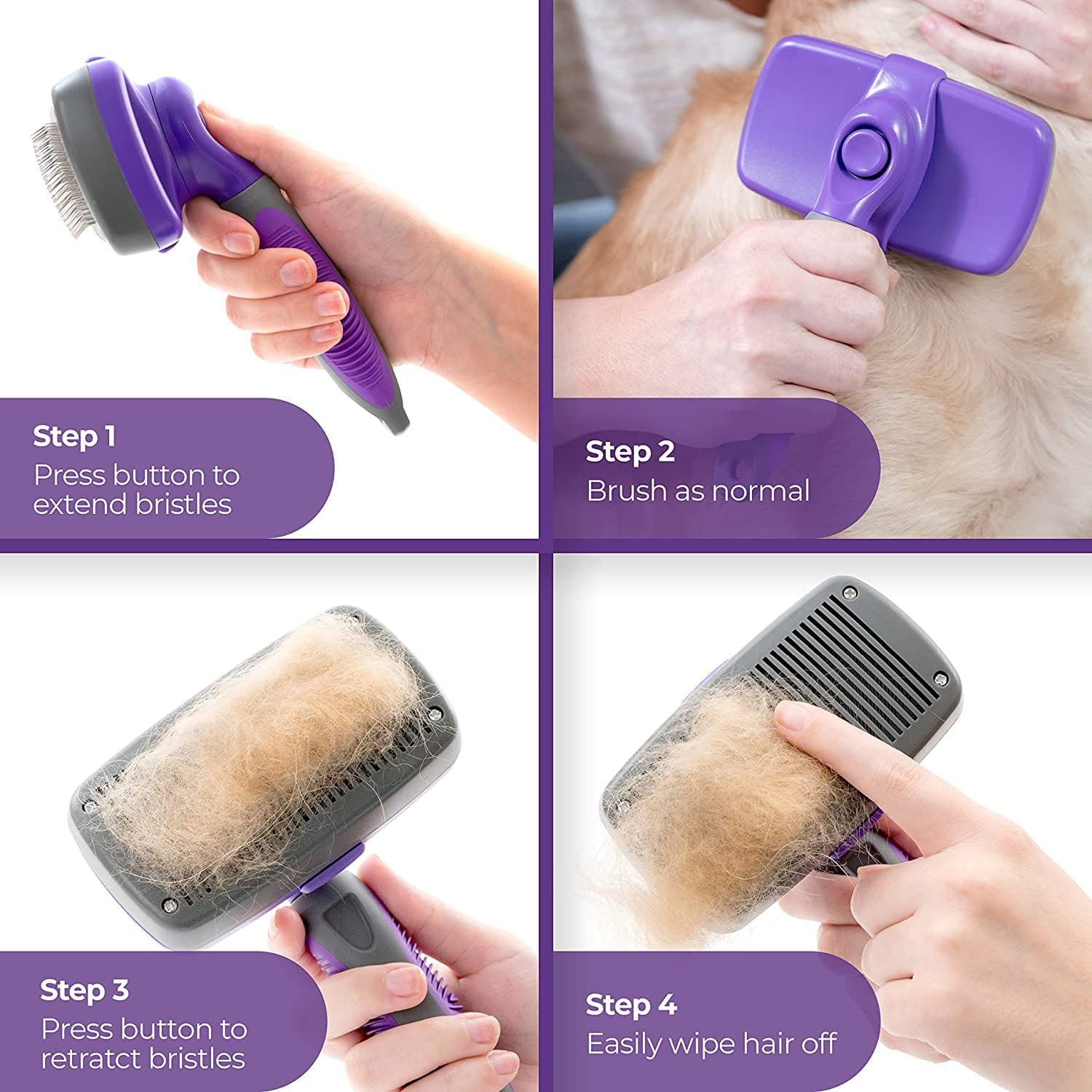 Dog Brush & Cat Brush - Self Cleaning Slicker Brush + Comb included, for Shedding and Grooming Loose Undercoat, Mats - for Small, Medium & Large Dogs and Cats with Short to Long Hair, Purple