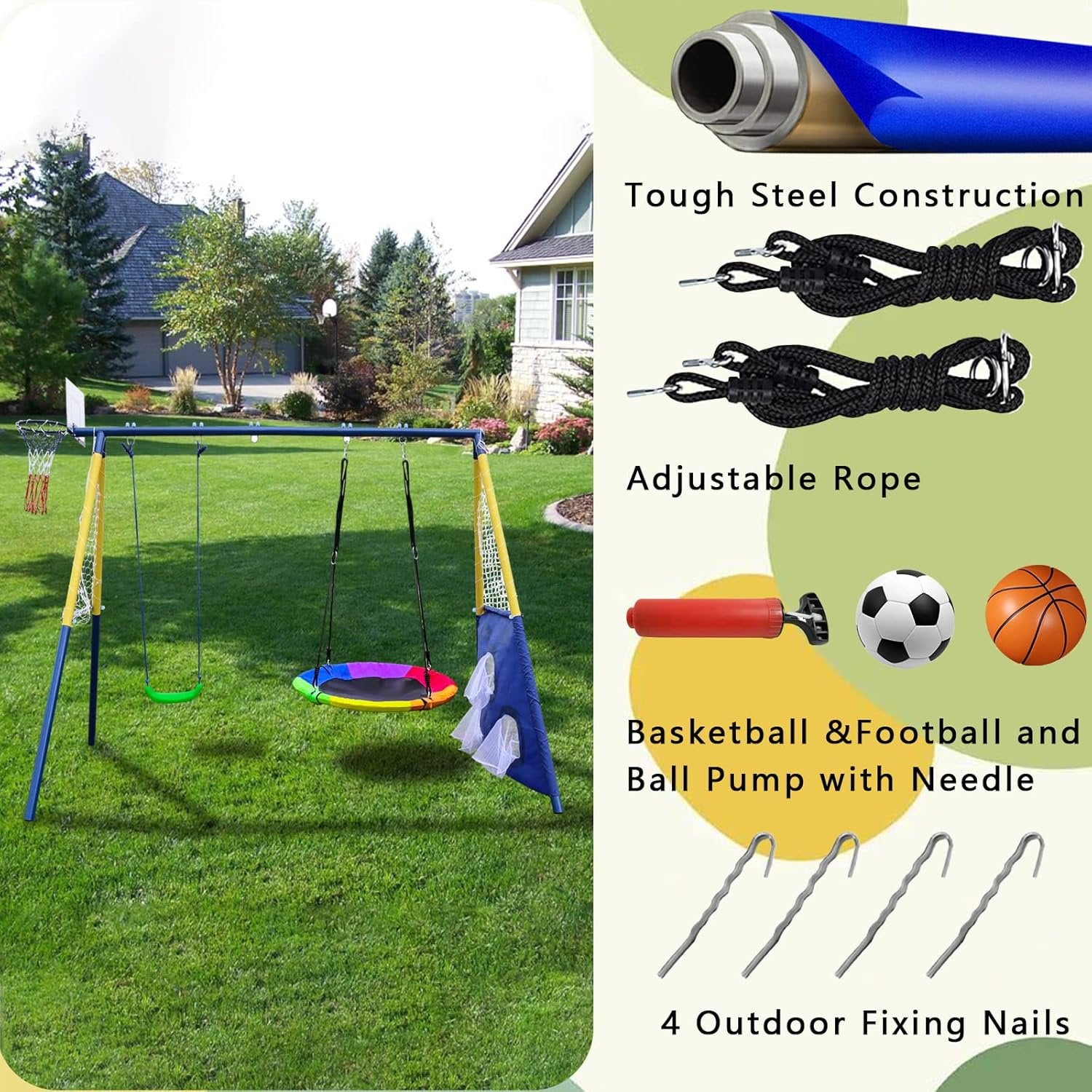 Swing Sets for Outside, A-Frame Swing Set with Basketball Hoop & Soccer Goal