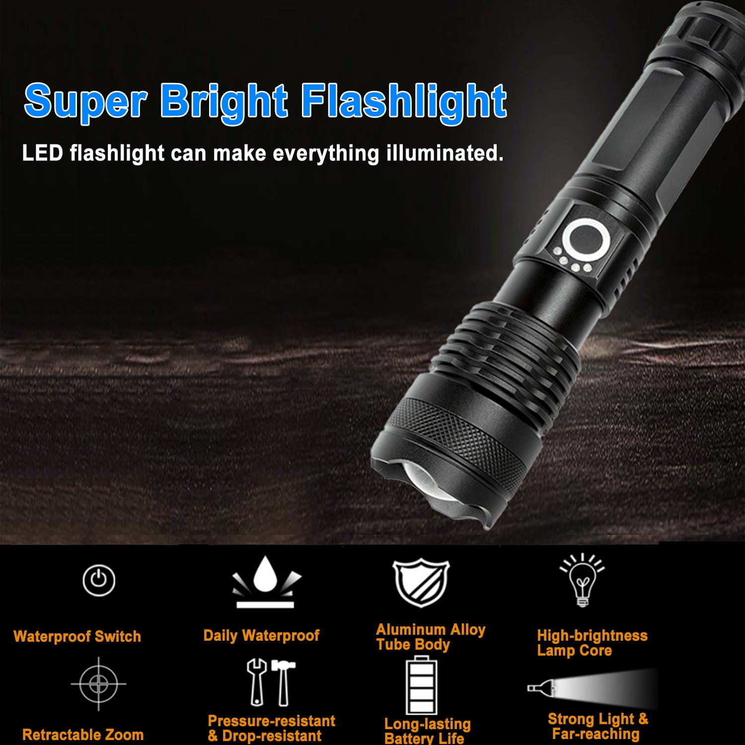 LED Flashlights, Rechargeable Super Bright Flashlight, XHP70 Tactical Flashlight with Zoomable, 5 Modes, Powerful Handheld Flash Light for Emergencies, Camping, Hiking