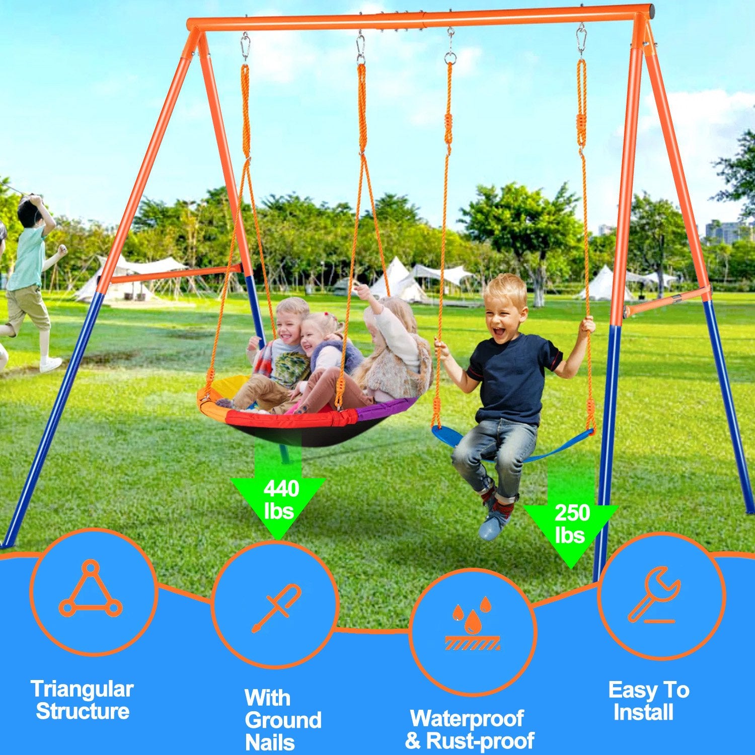 Swing Set for Kids, Heavy Duty Frame Metal Swing Stand with 1 Saucer & 1 Belt Swing Seat for Outdoor